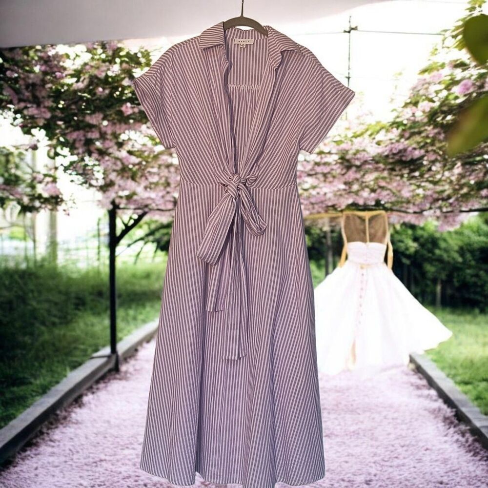 Size S, NWOT, Purple & White Tie Front Maxi Dress | Cotton Coastal Preppy Flare - Picture 5 of 8